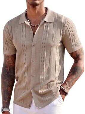 Men's Khaki Knit Short Sleeve Button Down Polo Casual Summer Beach Shirt